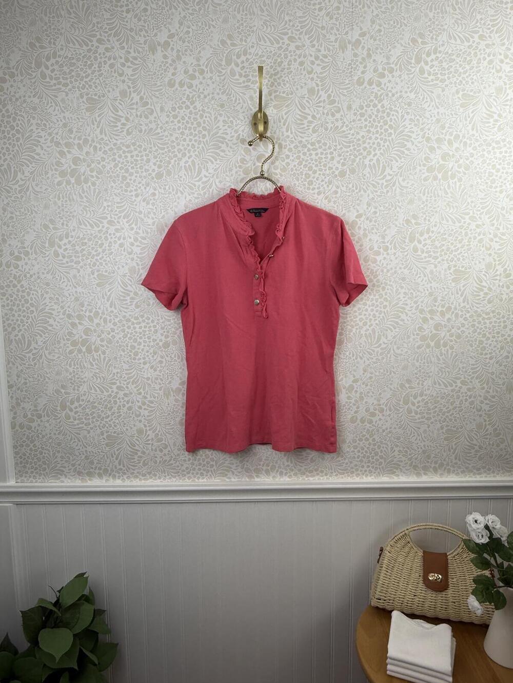 Brooks Brothers Women's Pink Cotton Blend Ruffle Collar Polo - Size - Small
